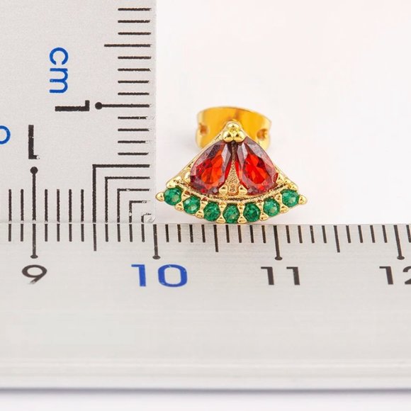 Watermelon Shape Cute Fruit Stud Earrings Copper Zircon - Picture 4 of 4